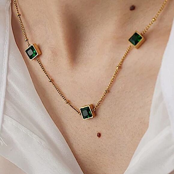 Gold Zircon Emerald Bracelet Chain Link - Picture 2 of 13